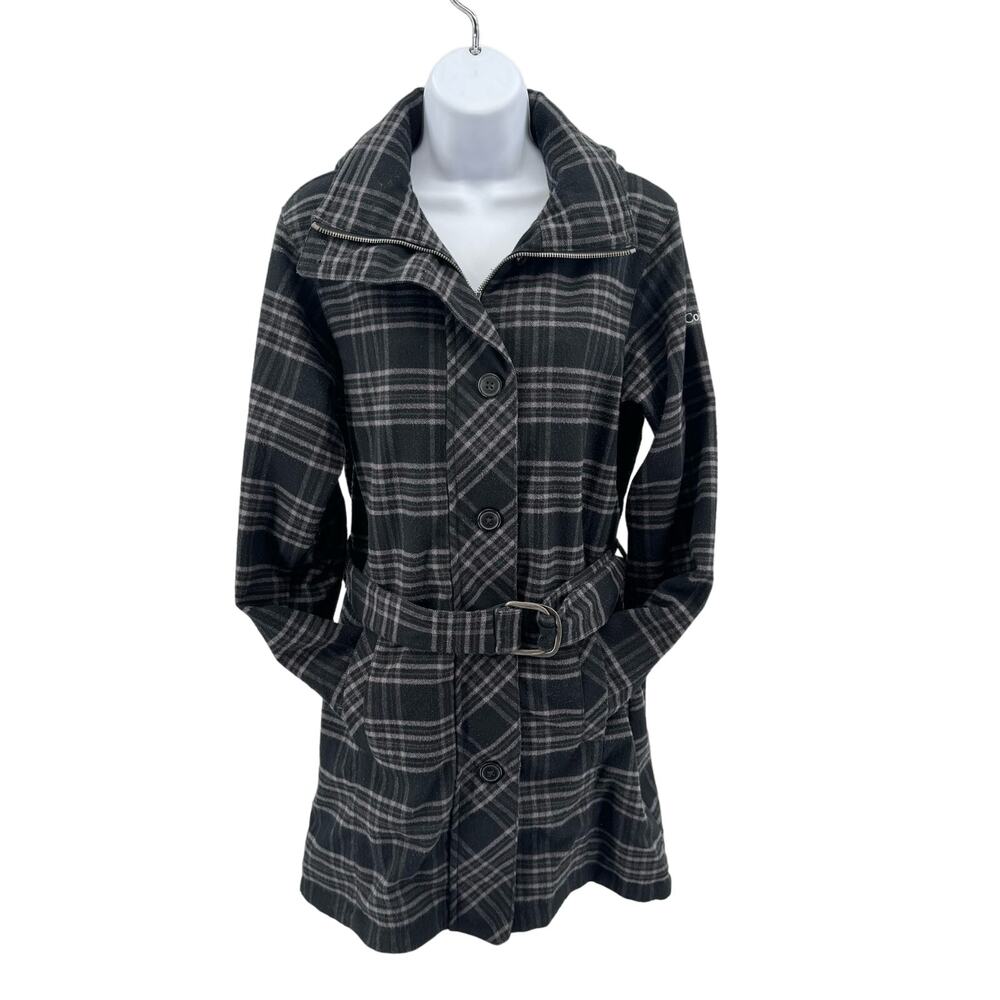 Columbia Black/Purple Check Omni Heat Belted Trench Coat Womens S Hooded Zip Up